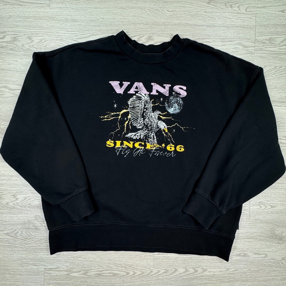Vans Women's Crewneck Sweatshirt Fly Hi Forever Eagle Graphic Black Medium